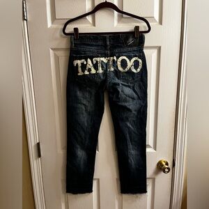 ULTRA RARE~ED HARDY~ TATTOO JEANS ~ SKINNY RAW HEM ~ MIXED MEDIA ~ DOVE~28